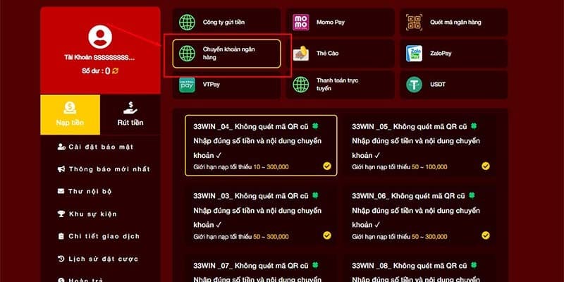 Hướng dẫn quy trình nạp tiền 33Win với ngân hàng